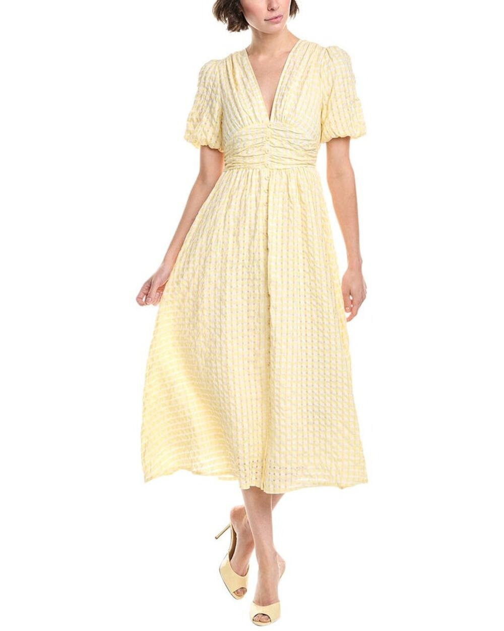 Commense Yellow Plaid Picnic Whimsical Boho Cottage Button Front Maxi Dress S